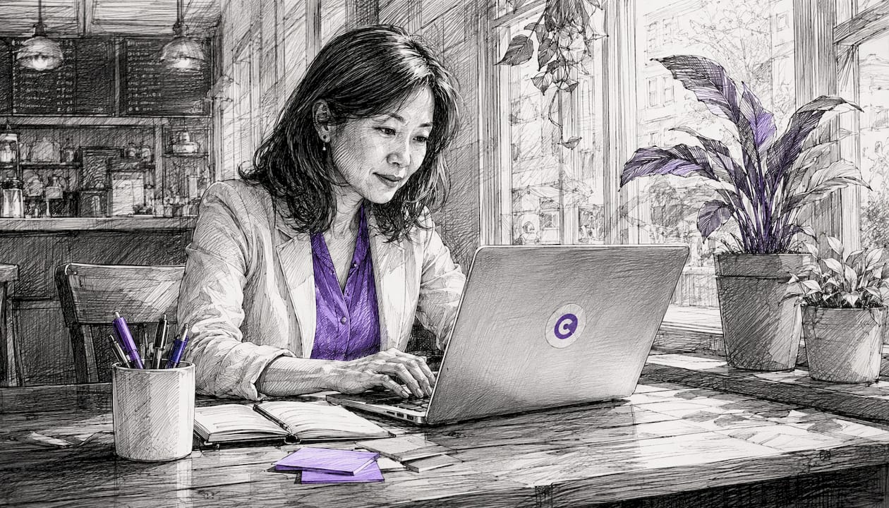 Woman typing proactive review requests in home office