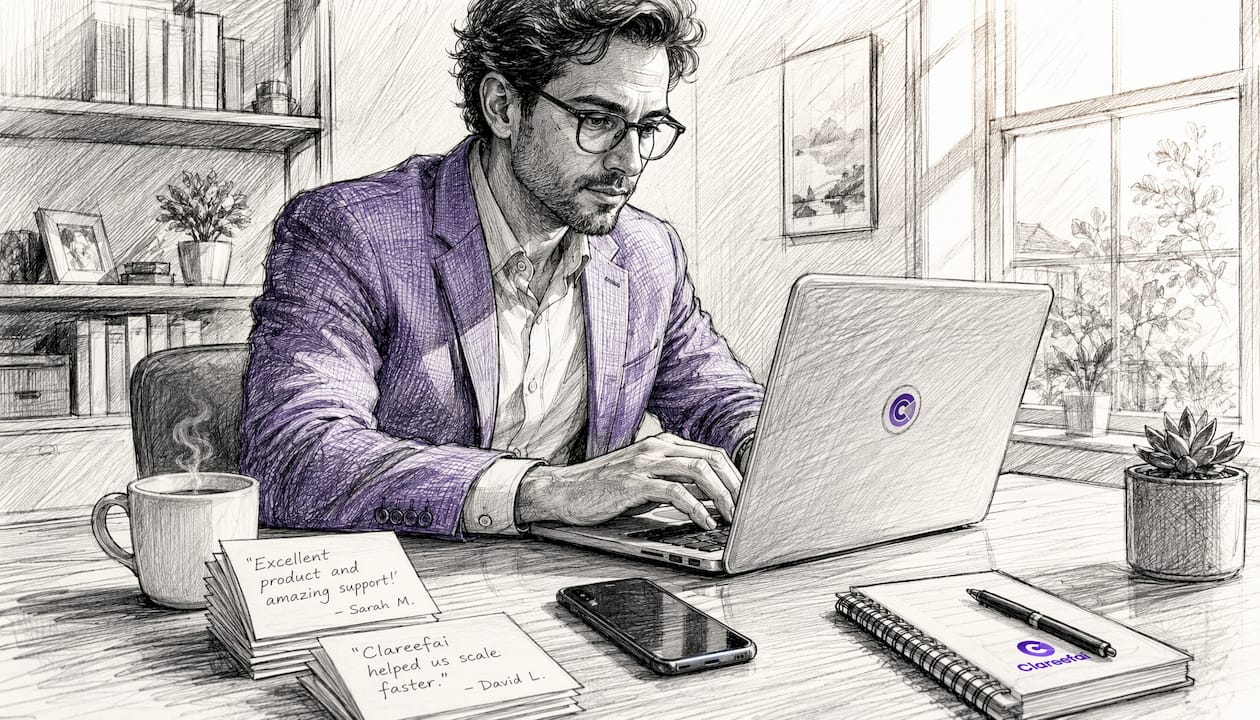 Professional using AI testimonial software on laptop