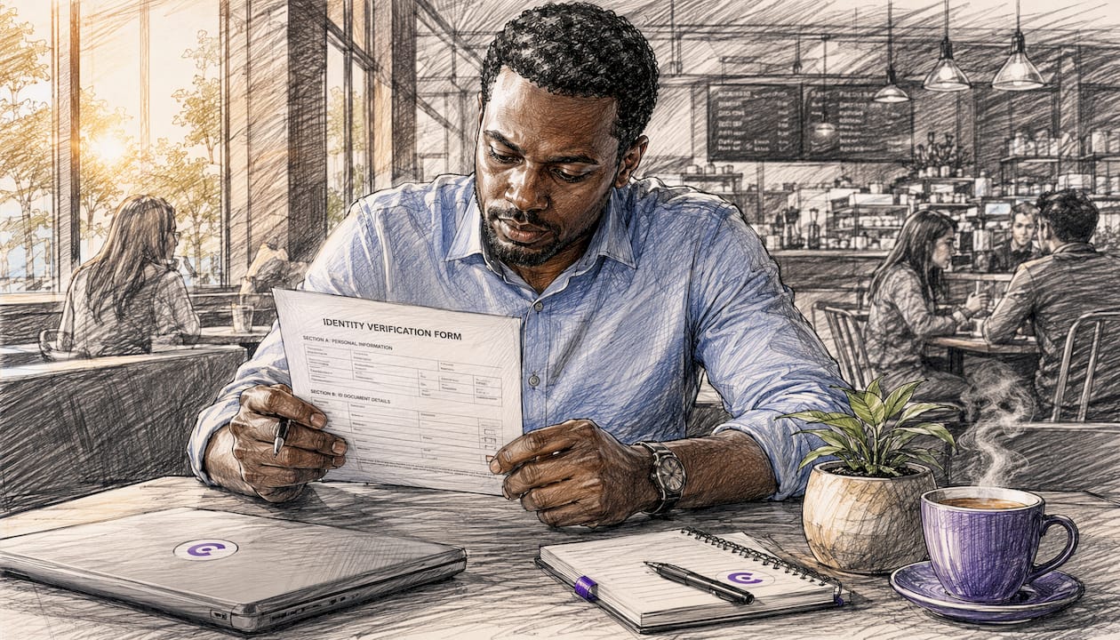 Person reviewing verified identity documents at desk