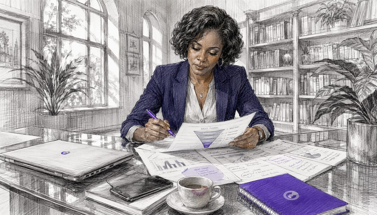 Professional woman reviewing sales funnel documents at desk