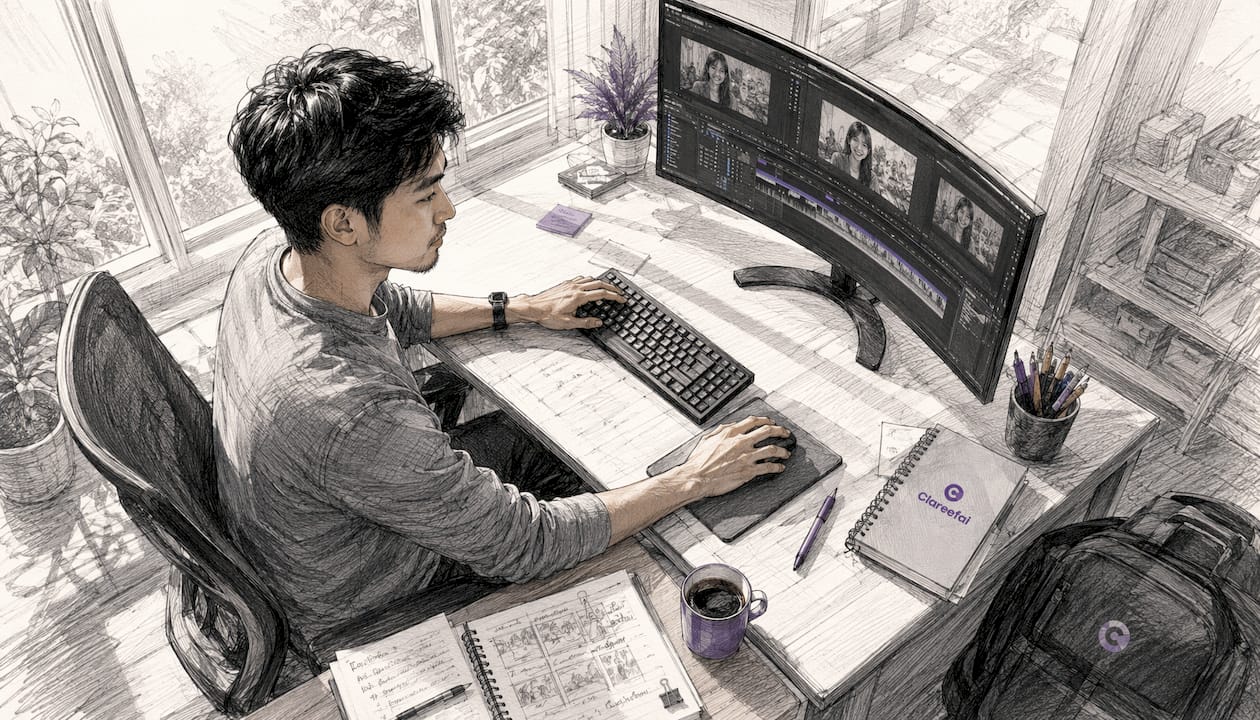 Hands editing testimonial video in home studio