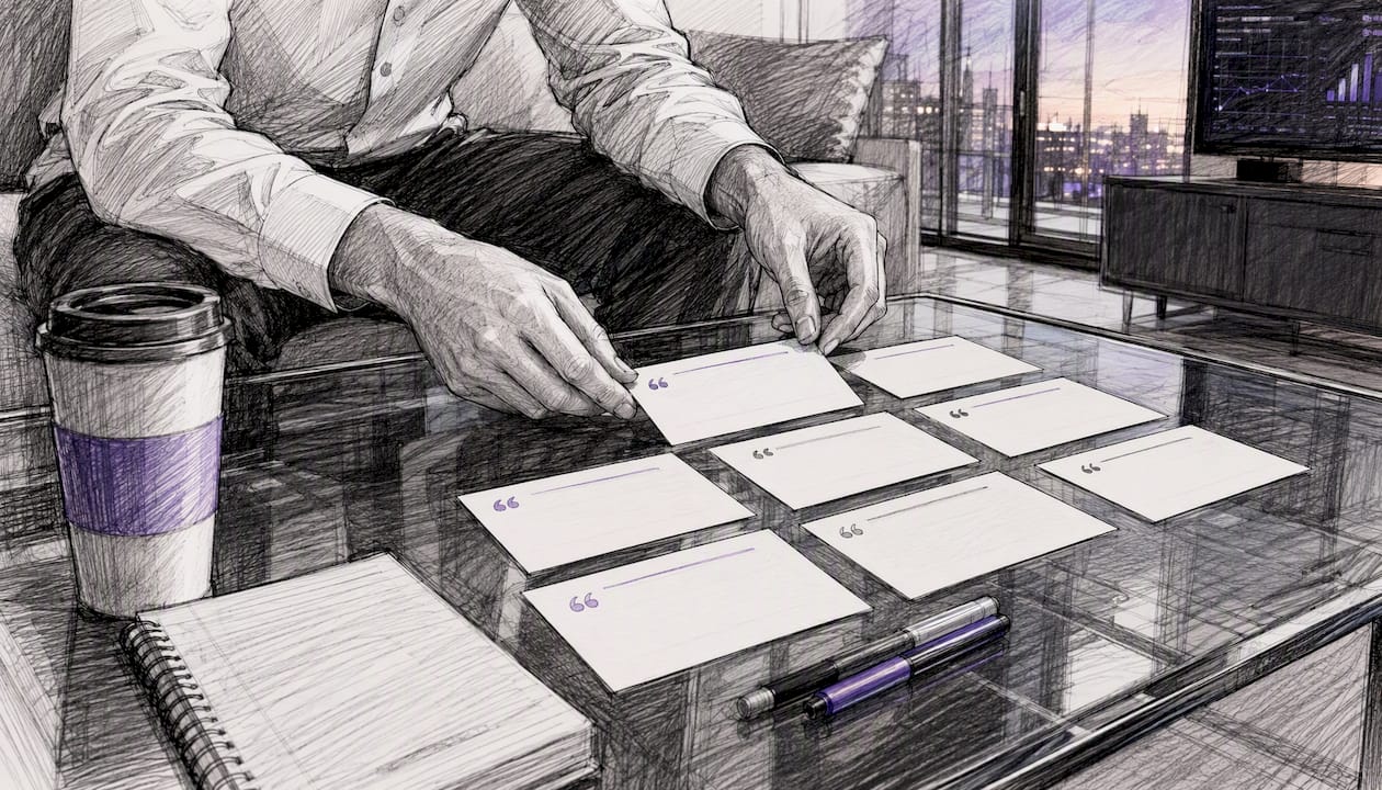 Hands tagging testimonial cards on table