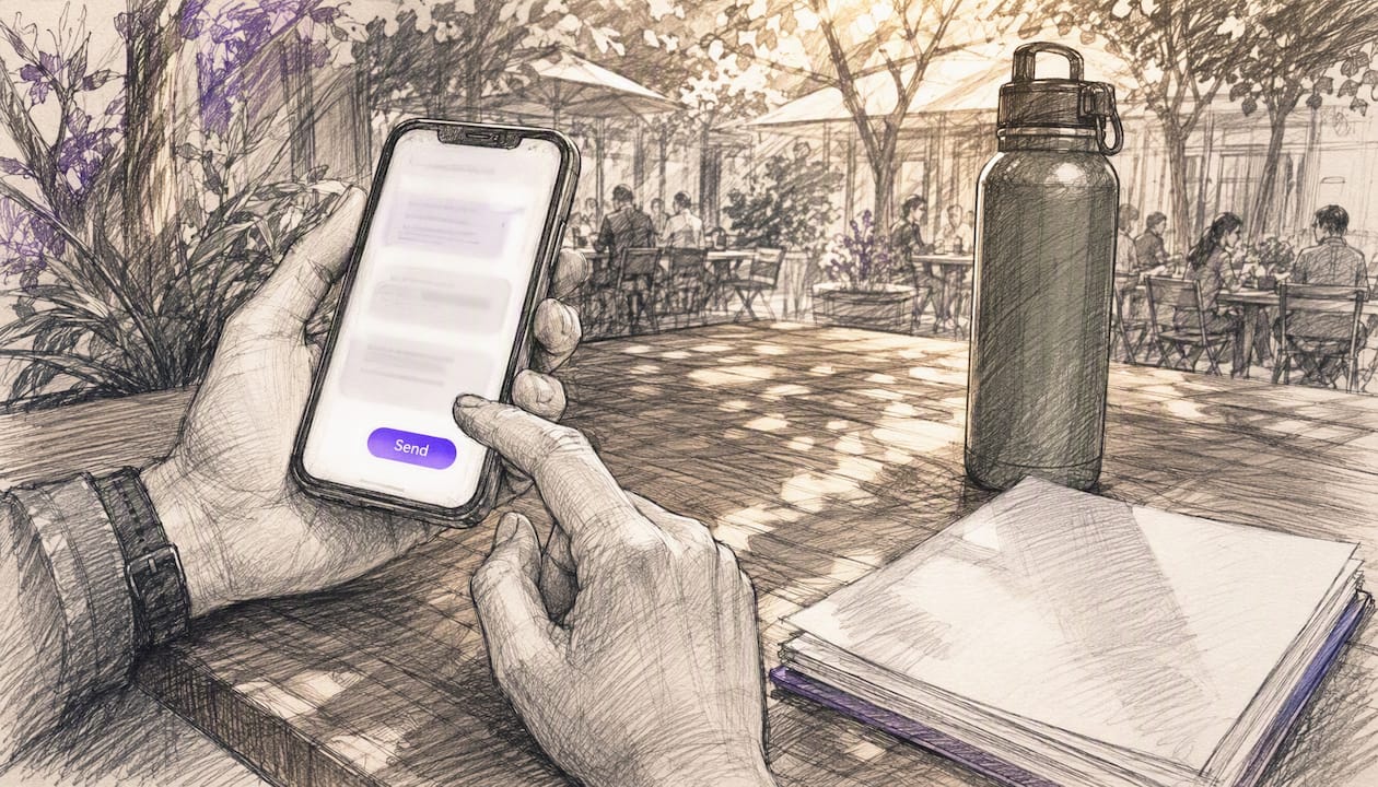 Hand sending AI-generated sales message on smartphone
