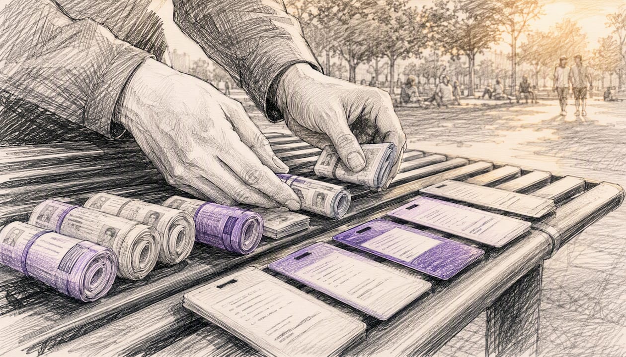 Hands organizing review metadata cards