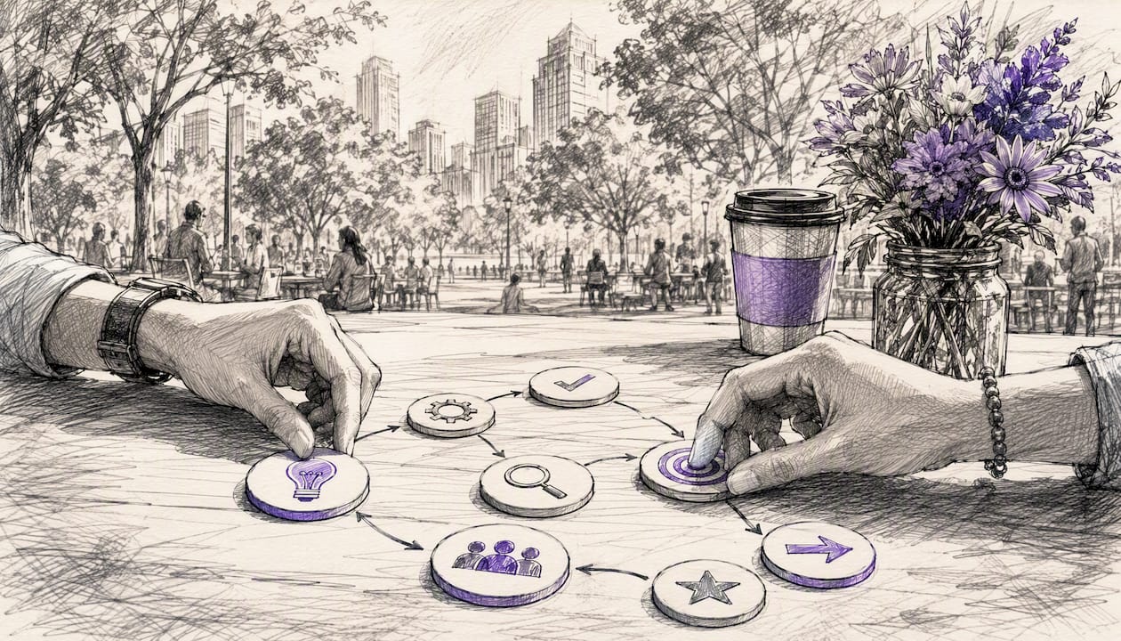 Hands arranging tokens for staged advocacy process