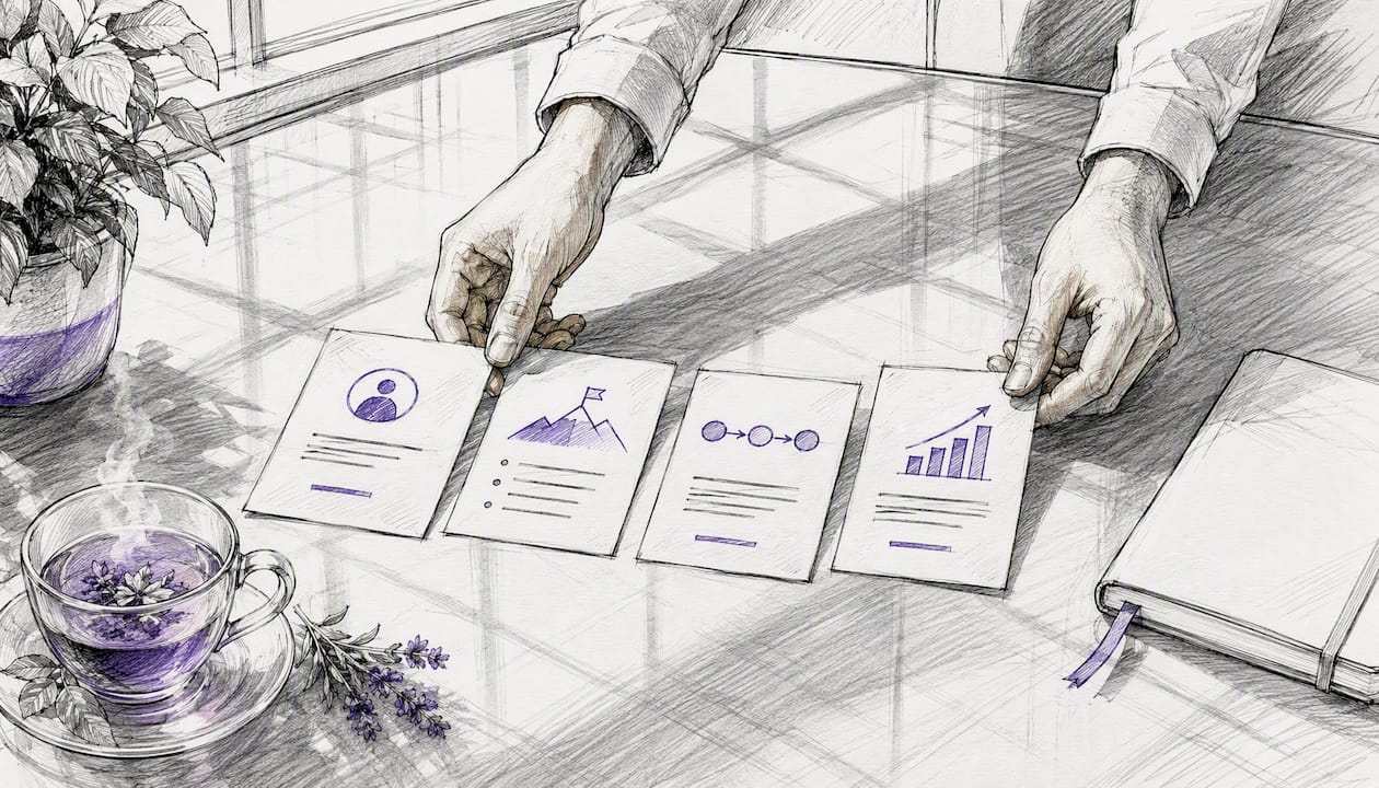 Hands arranging testimonial element cards on table