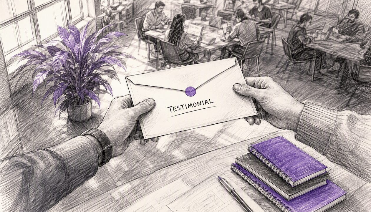 Hands placing a testimonial envelope on desk