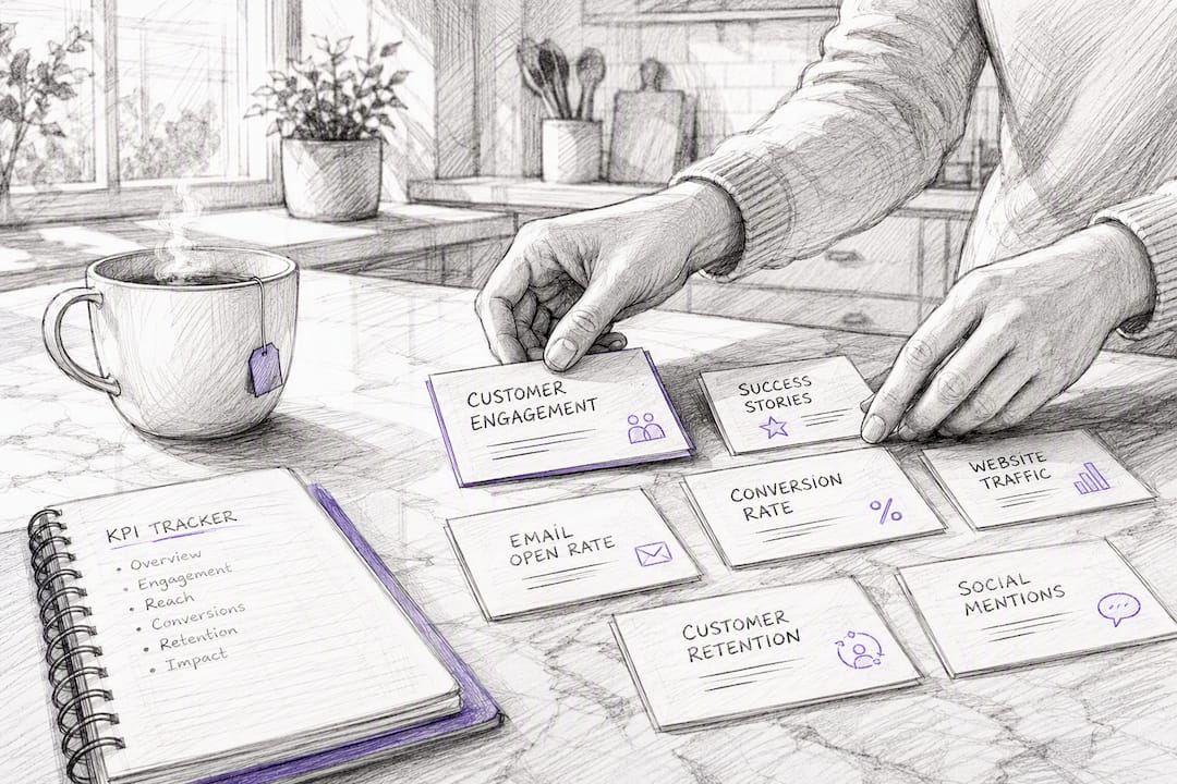 Hands arranging KPI metric cards on table