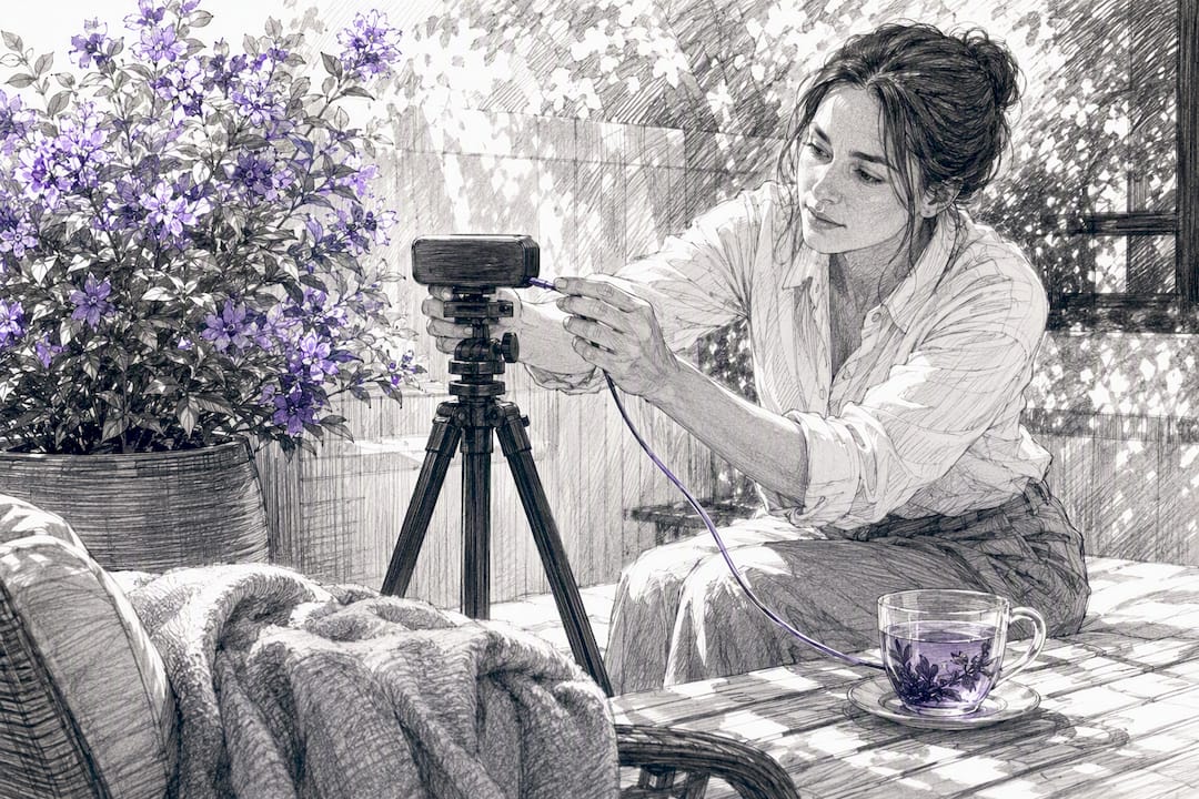 Person setting up webcam for remote video testimonial