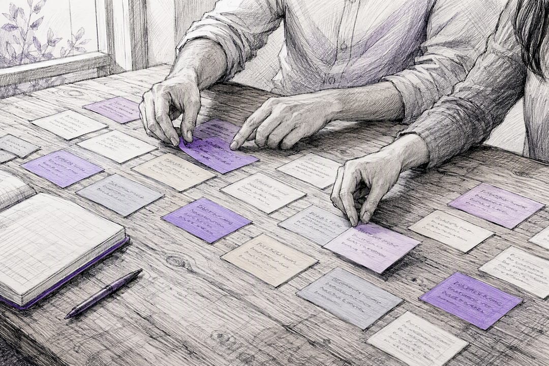 Hands arranging translated testimonial cards