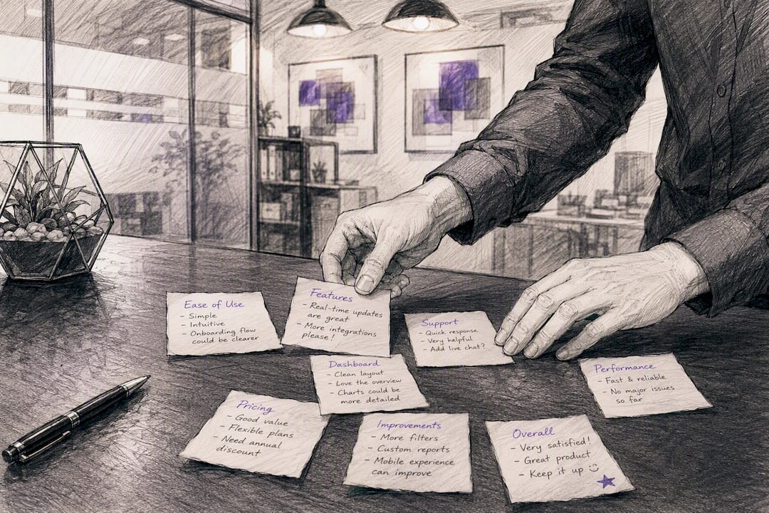 Hands sorting customer feedback cards on table