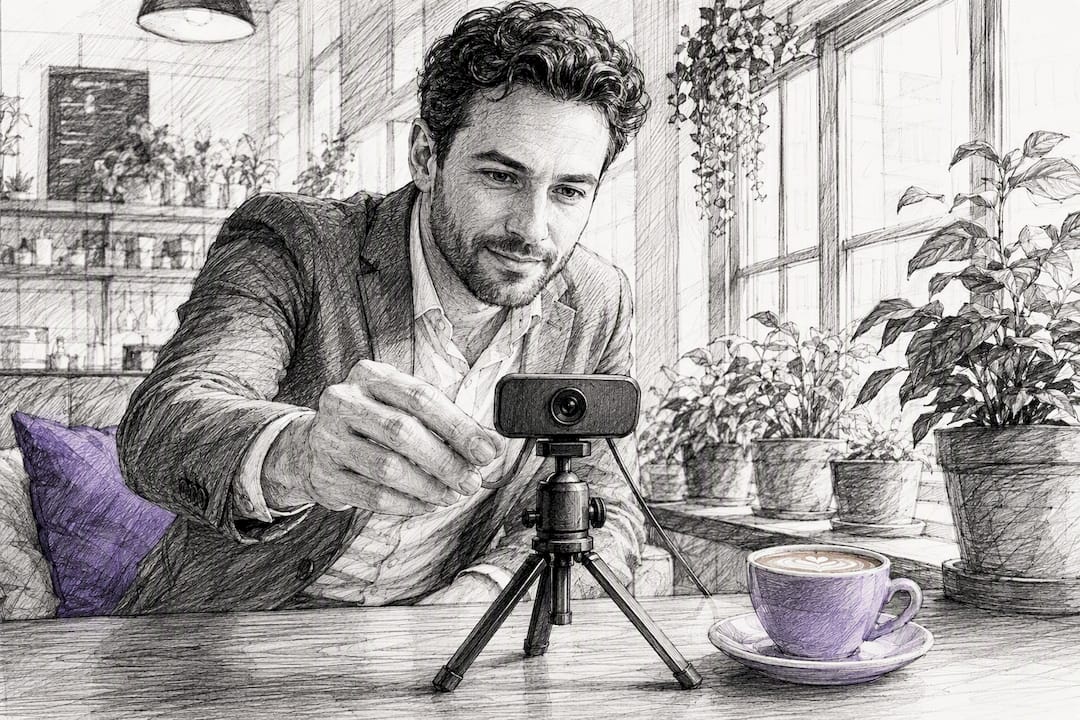 Person adjusting webcam for video testimonial recording