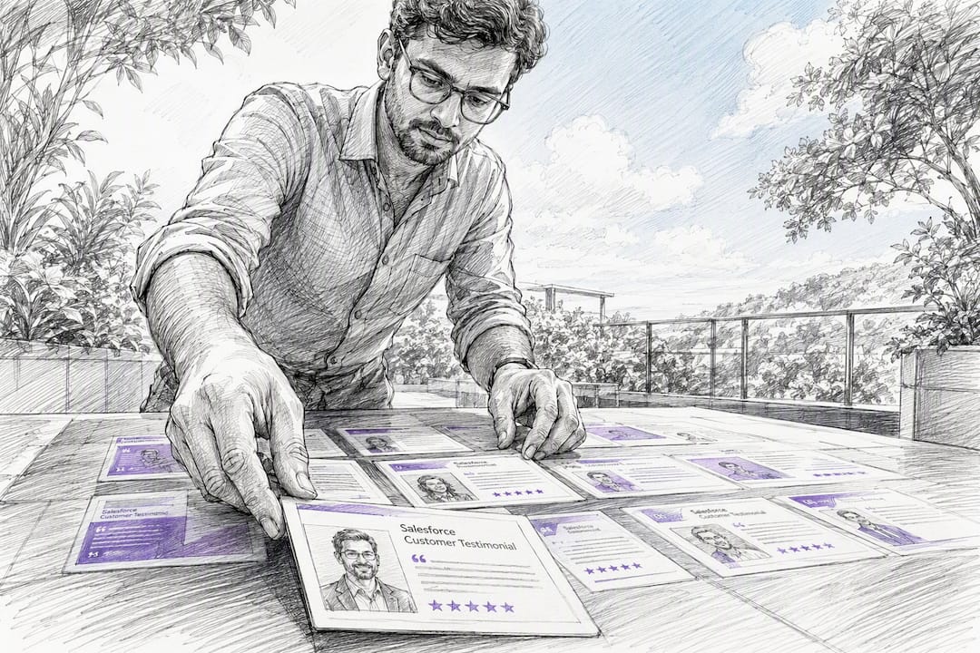 Hands arranging testimonial field cards on desk