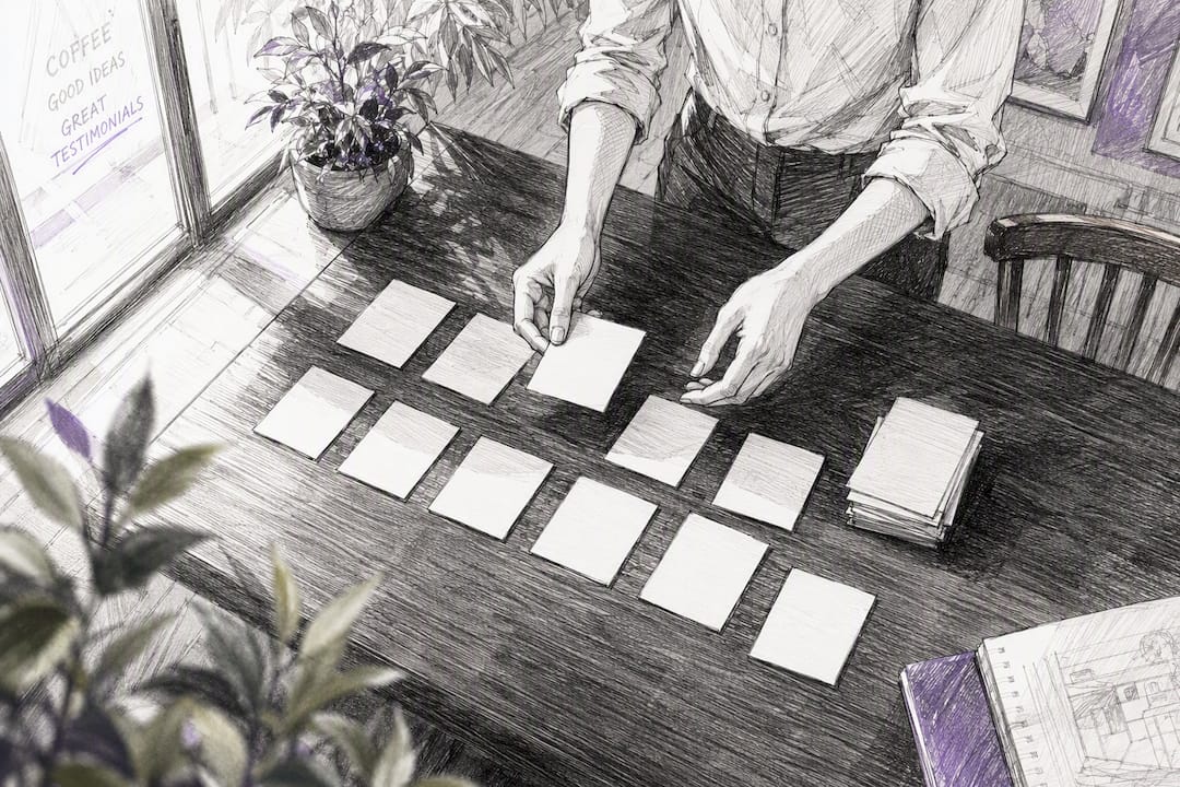 Hands sorting testimonial cards on table