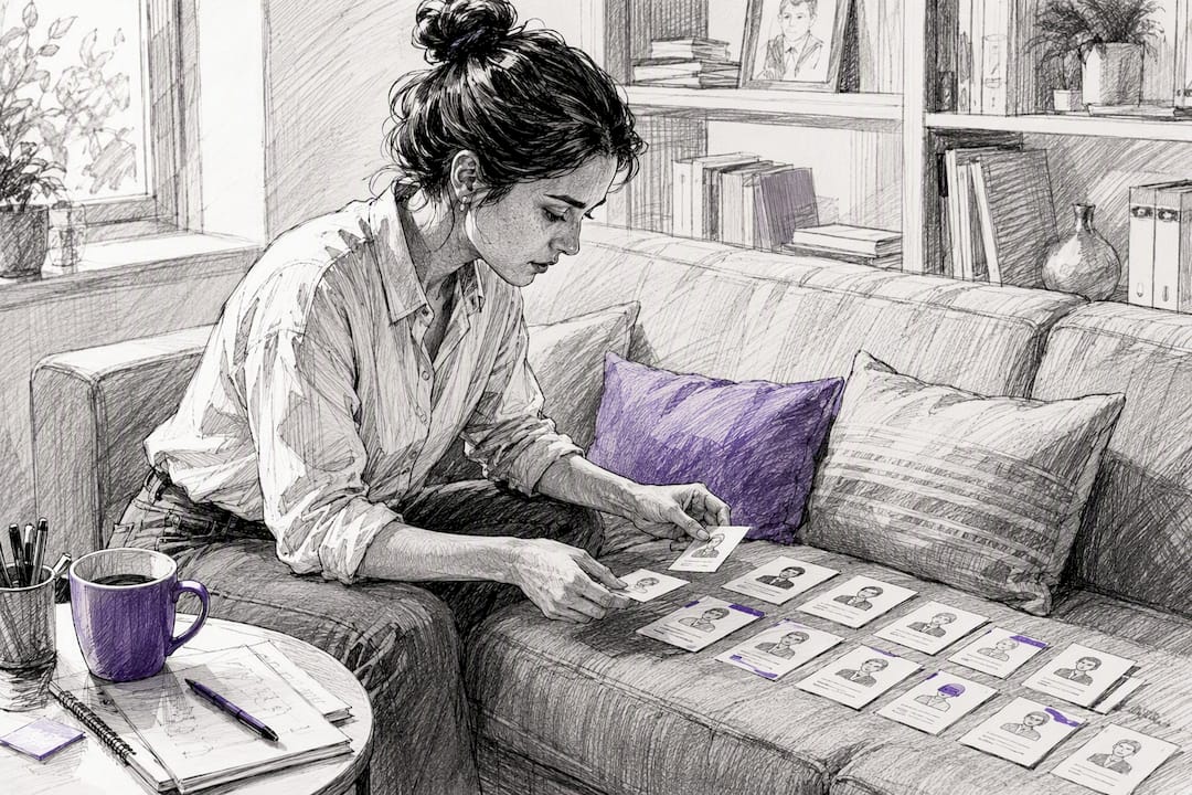 Hands sorting influencer profile cards in office