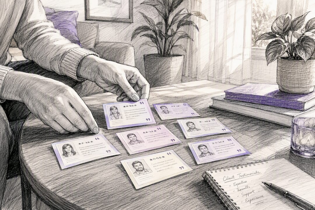 Hands arranging testimonial snapshot cards on desk