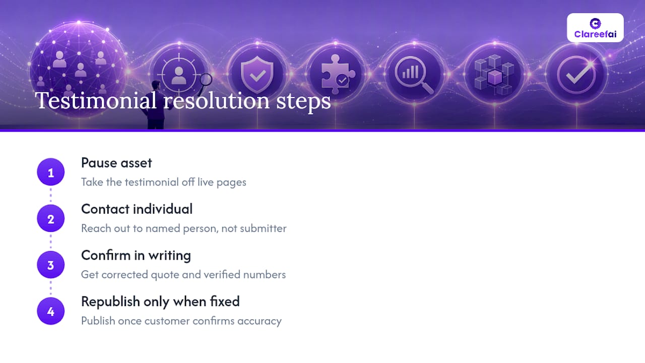 Four-stage fake testimonial resolution workflow