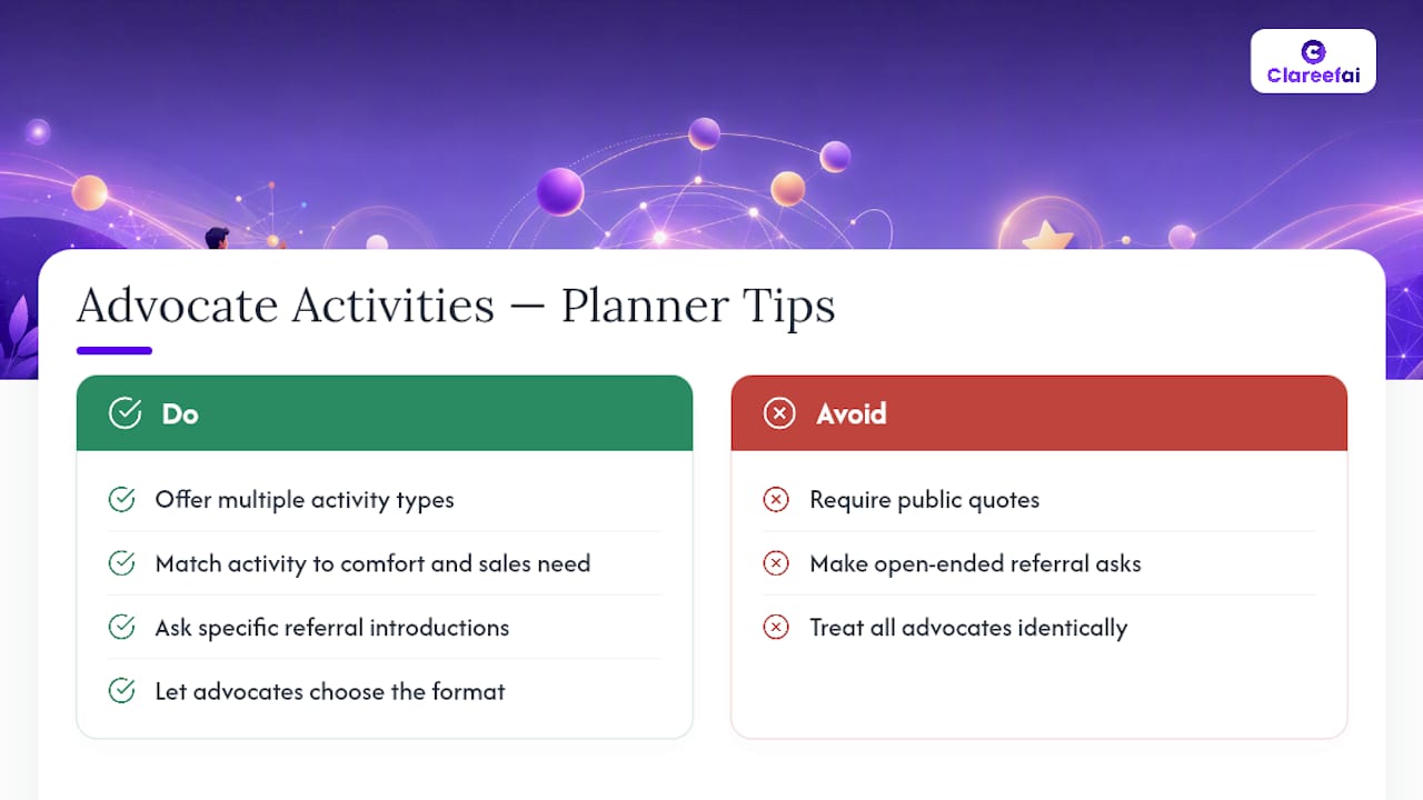 Customer advocacy activity options overview