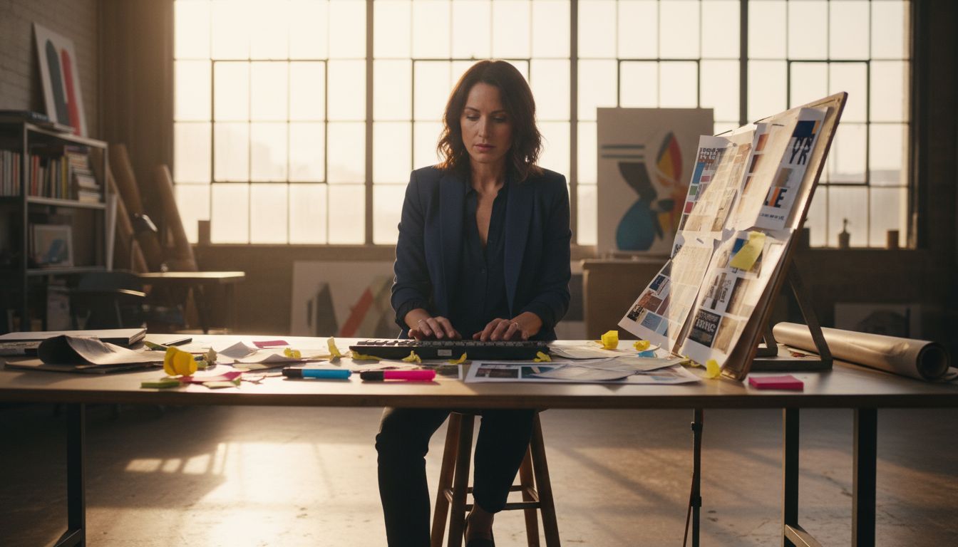 Creative director reviews branding moodboard in studio