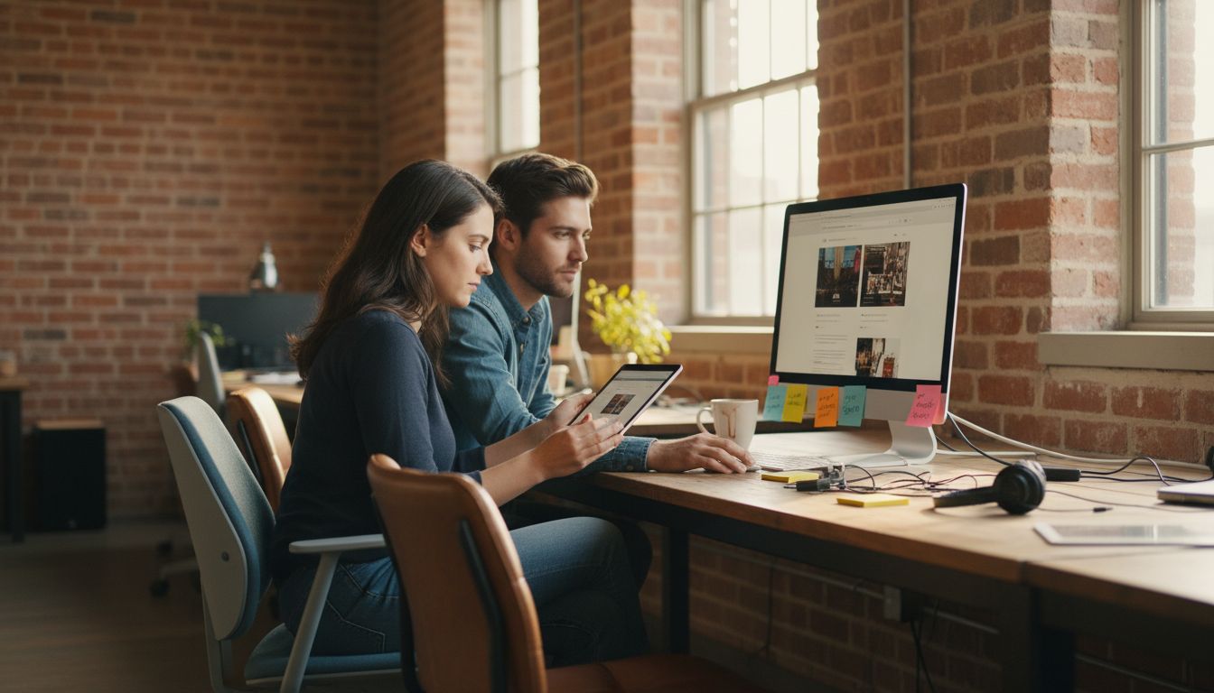 Colleagues compare mobile and desktop websites