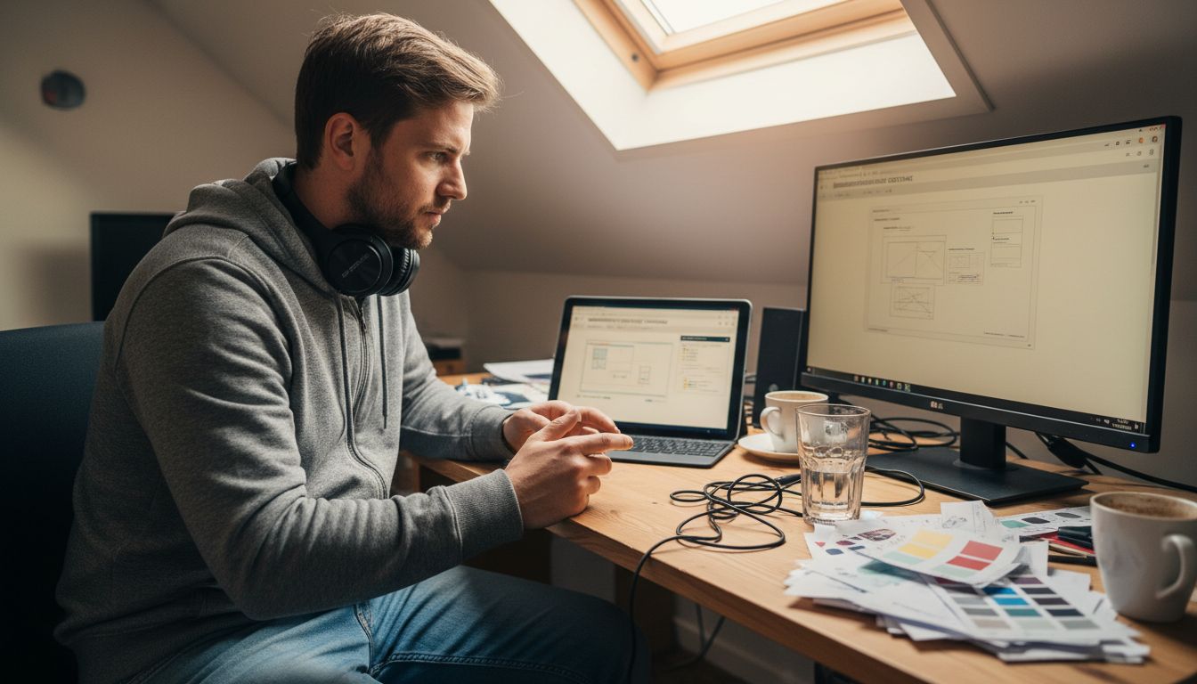 Ein Designer prüft Website-Entwürfe in seinem heimischen Studio.