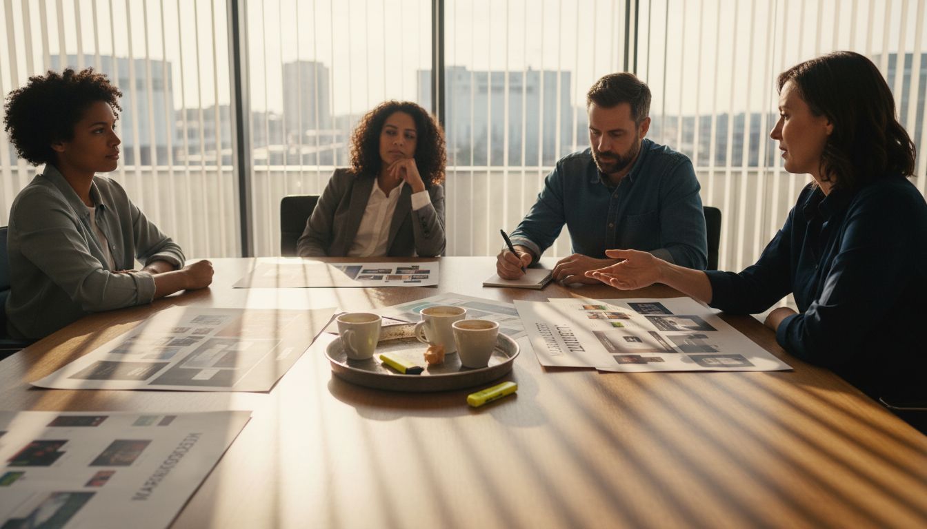Teamrunde zur Besprechung von ausgedruckten Markenentwürfen