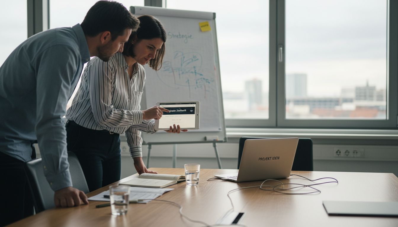 Das Team bespricht gemeinsam das Website-Design im Meeting.