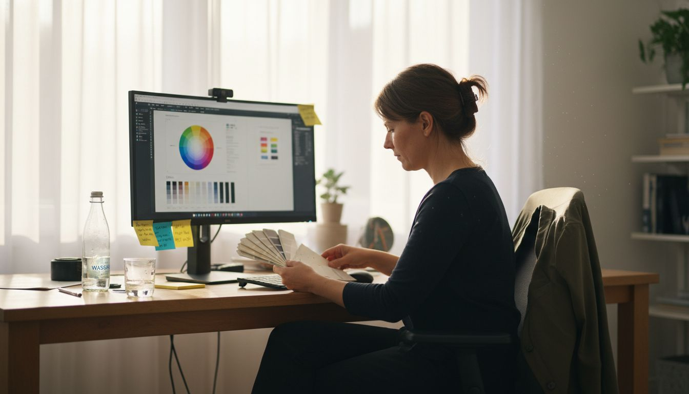 Ein Designer sitzt am Tisch und stellt verschiedene Farbkombinationen zusammen.