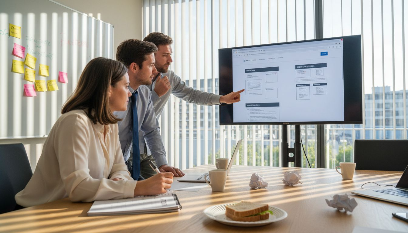 Das Team schaut sich gemeinsam die Wireframes für das Webprojekt an und bespricht die nächsten Schritte.