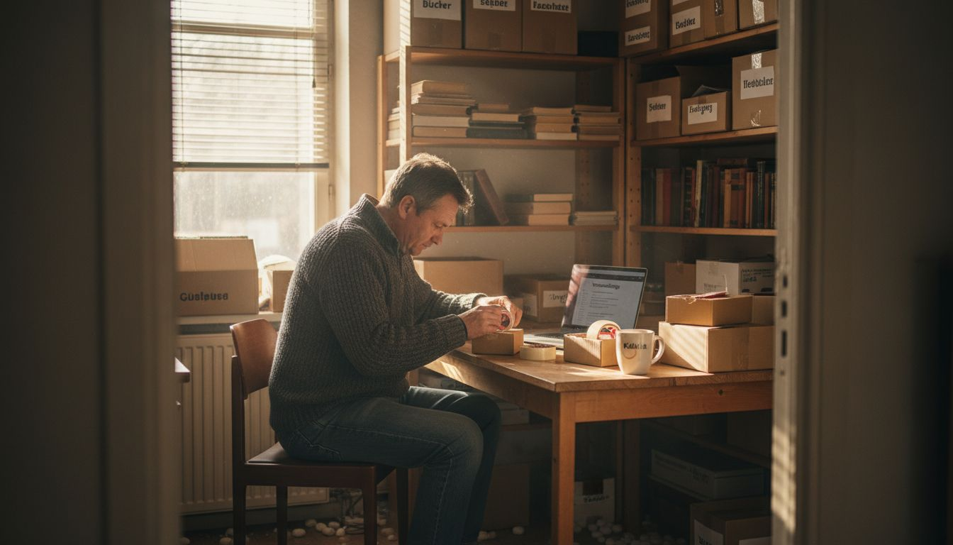 Zwischen Kartons, Lieferscheinen und allerlei Kleinkram packt der Ladenbesitzer am vollgestellten Schreibtisch die Bestellungen für seine Kunden zusammen.
