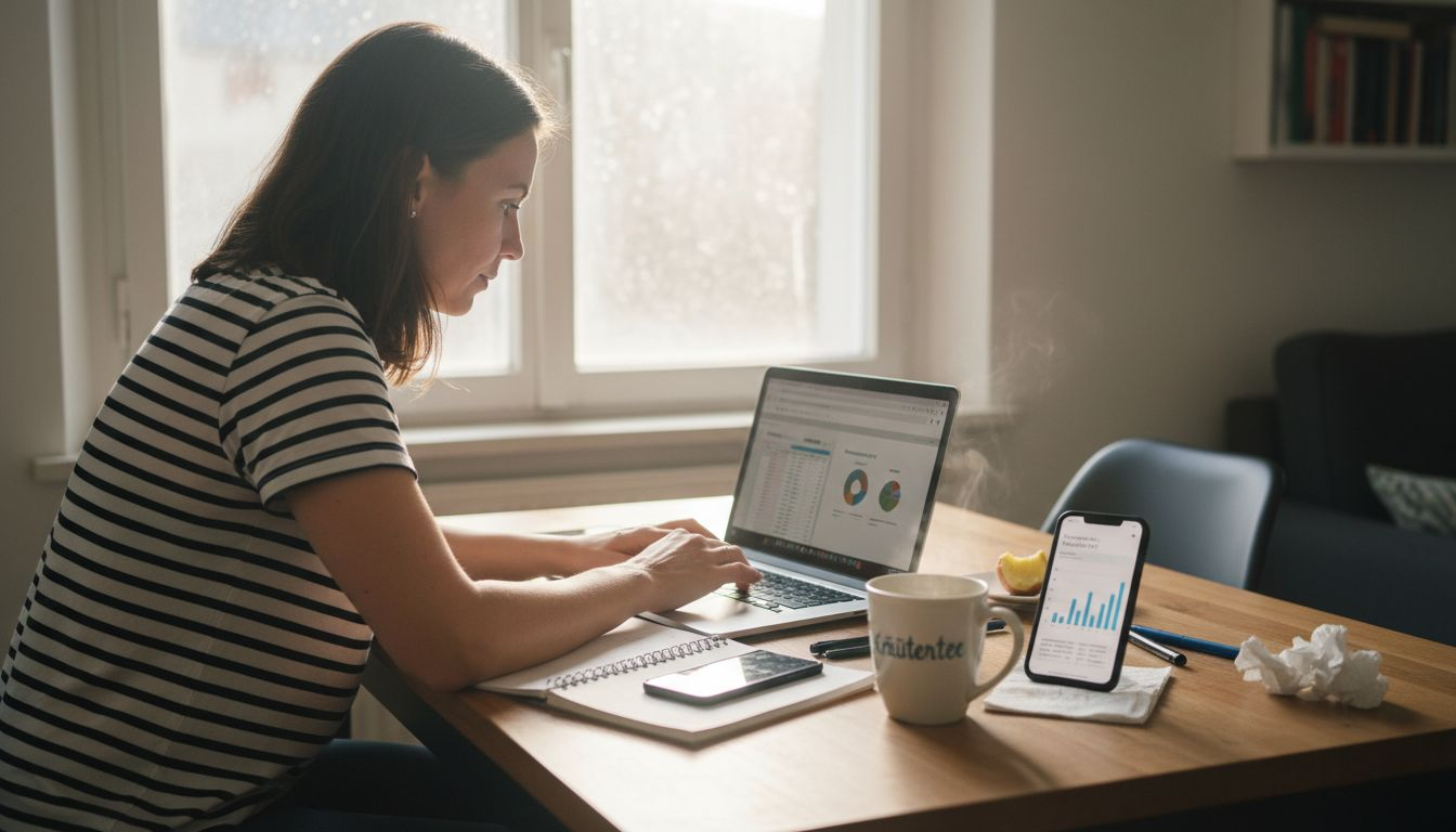Eine Frau sitzt am Laptop am Fenster und recherchiert nach passenden Suchbegriffen.