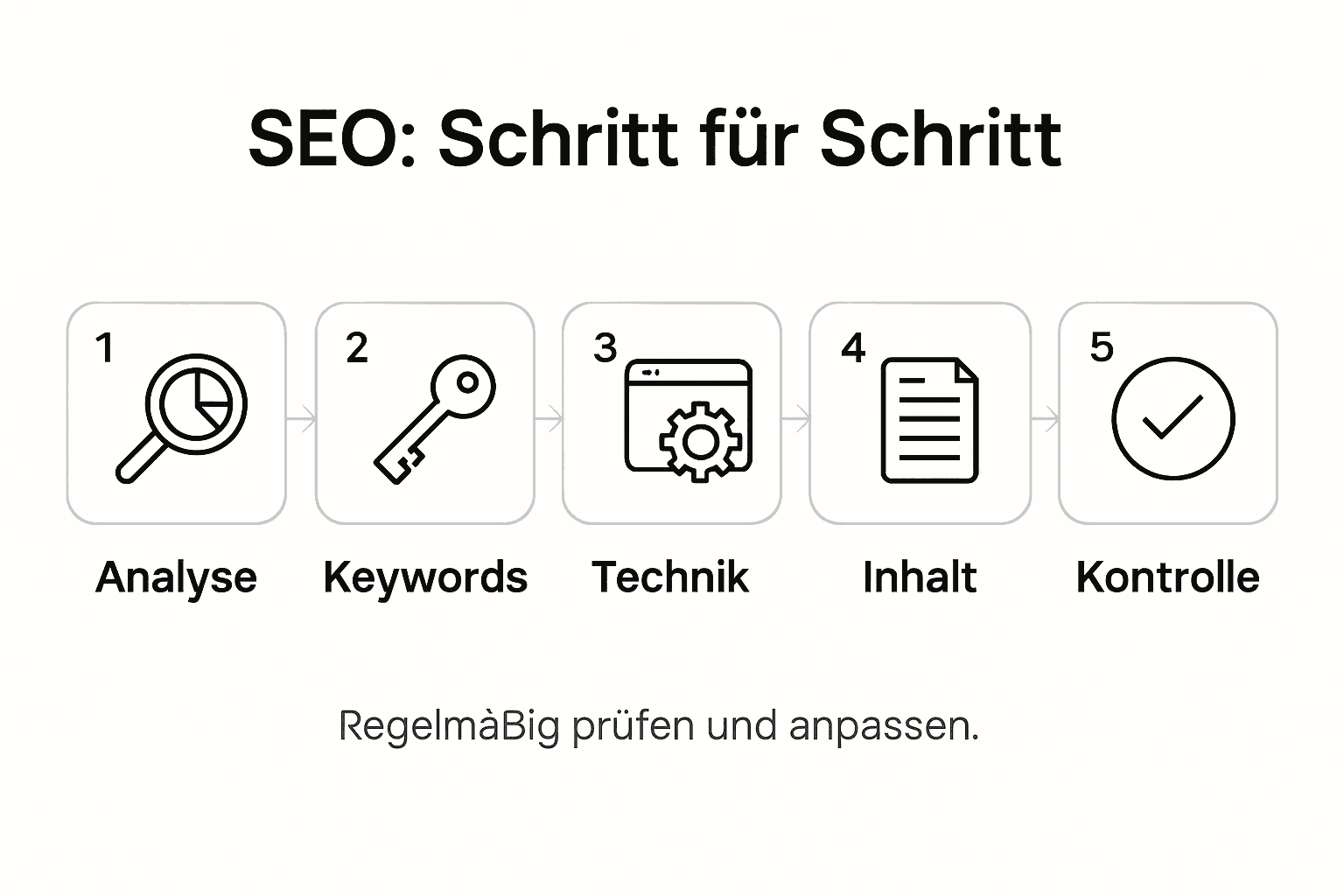 Übersichtliche Infografik: So läuft ein typischer SEO-Prozess ab – alle wichtigen Schritte auf einen Blick.