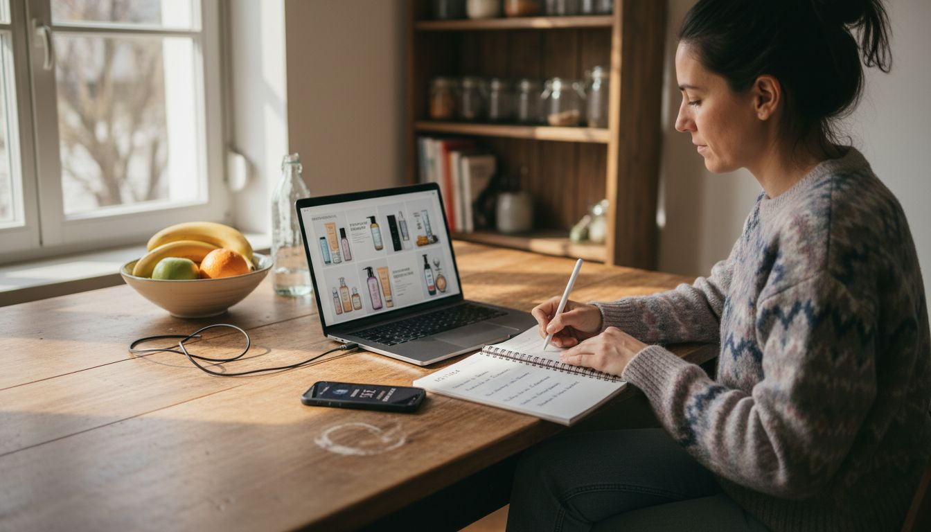 Ein Ladeninhaber bearbeitet am Tisch die Produktfotos.