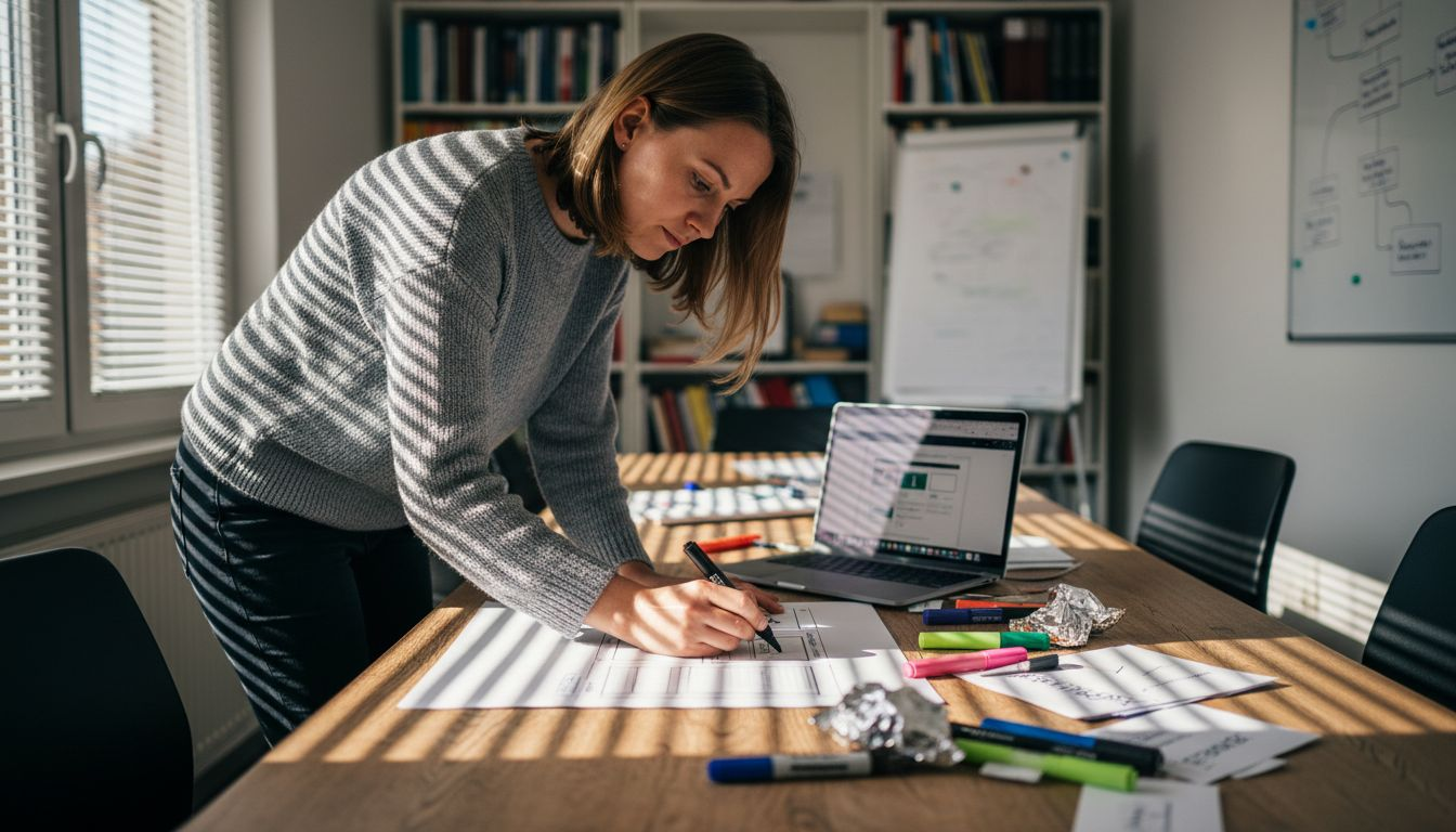 Eine Frau entwirft auf einem Blatt Papier das Grundgerüst einer Landingpage.