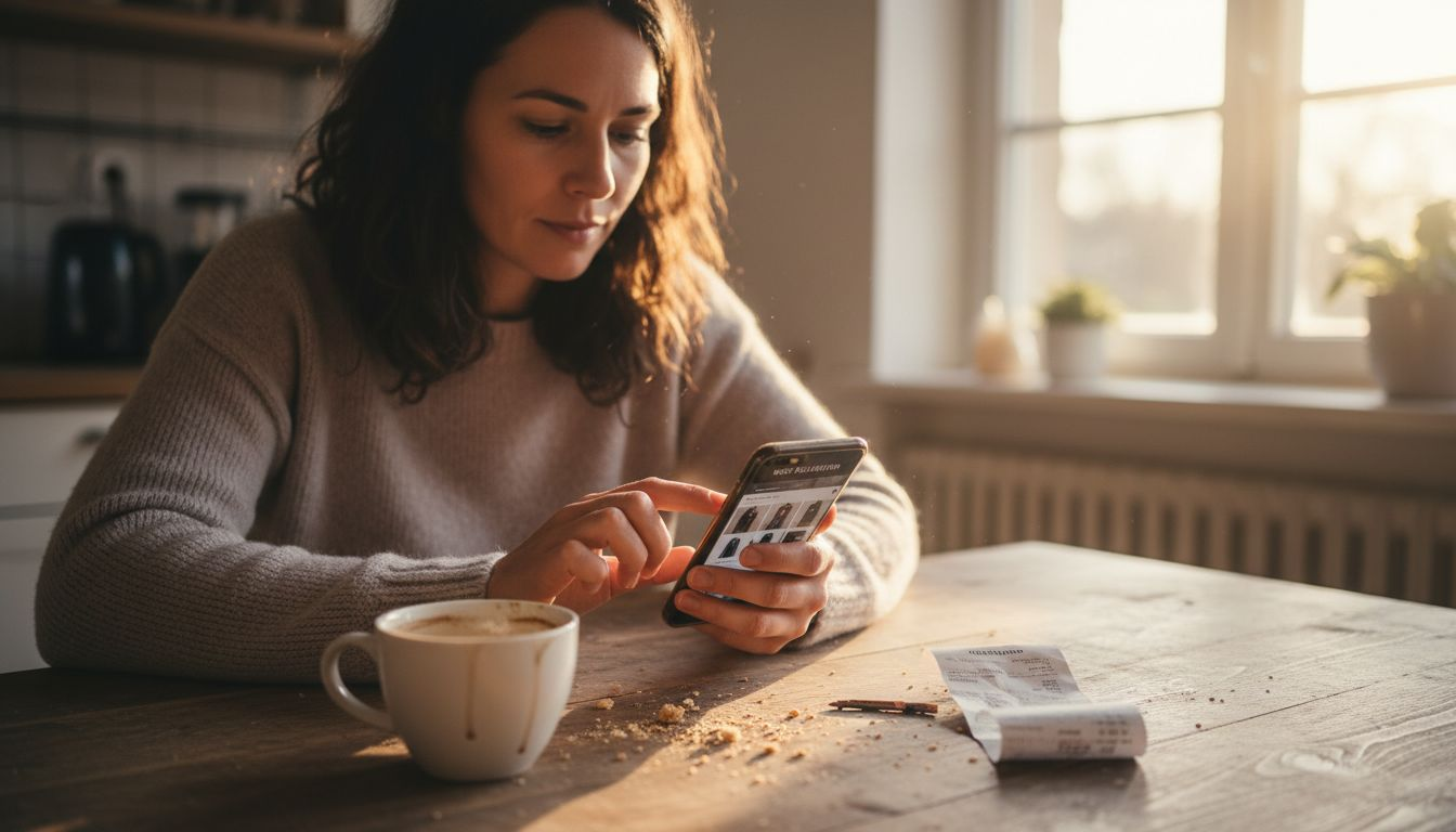 Eine Kundin stöbert mit ihrem Smartphone durch einen Online-Shop.