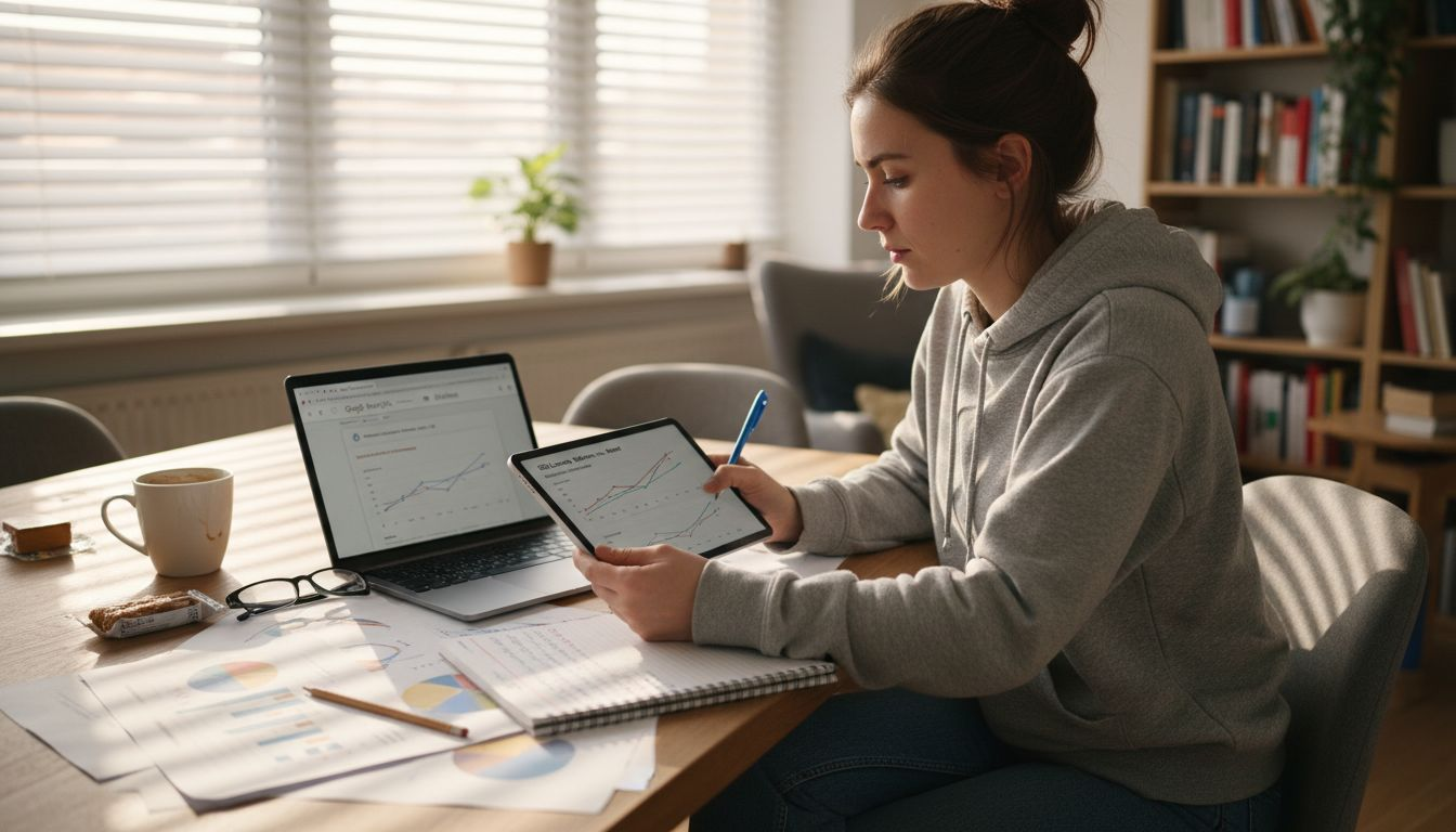 Eine Person sitzt zuhause am Computer und analysiert die wichtigsten Faktoren, die das Google-Ranking ihrer Website beeinflussen.