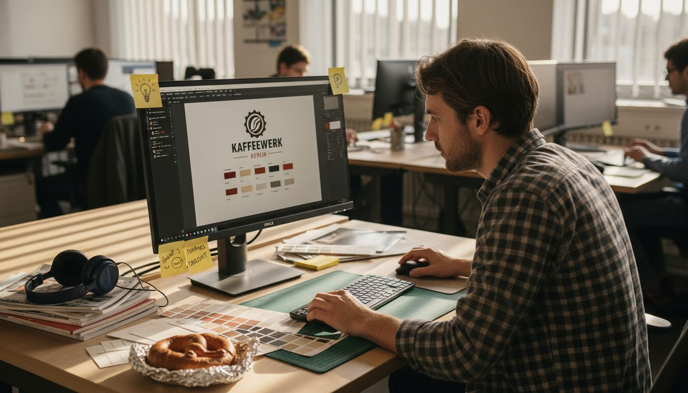Ein Grafikdesigner entwickelt das Erscheinungsbild einer Marke.