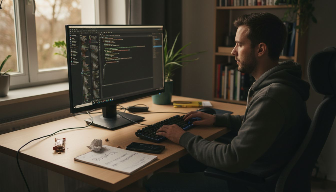 Ein Webentwickler tüftelt am Schreibtisch an neuen Technologien.