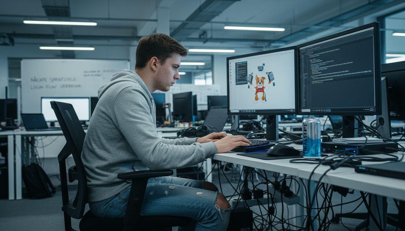 Ein Webentwickler arbeitet im Büro an technischen Aktualisierungen seiner Projekte.