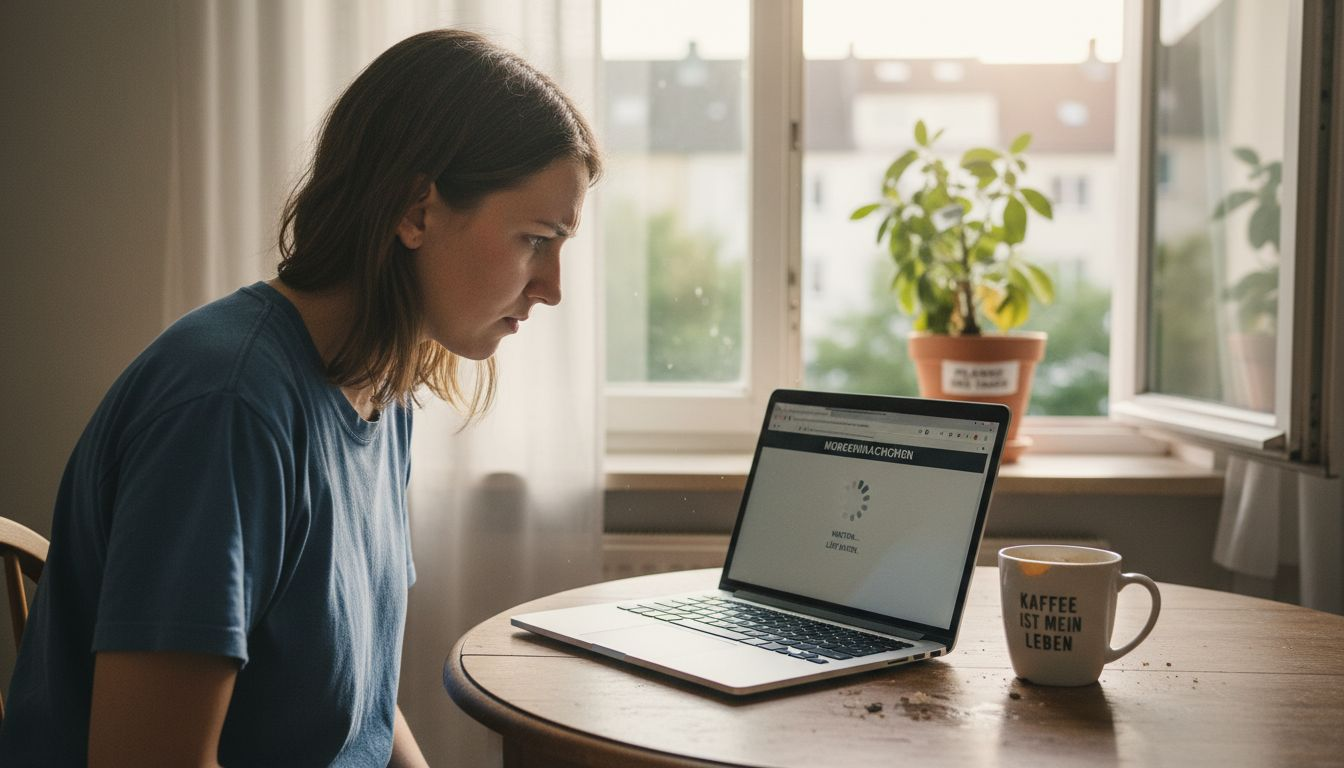 Eine Frau sitzt zu Hause und wartet darauf, dass eine Webseite endlich lädt.