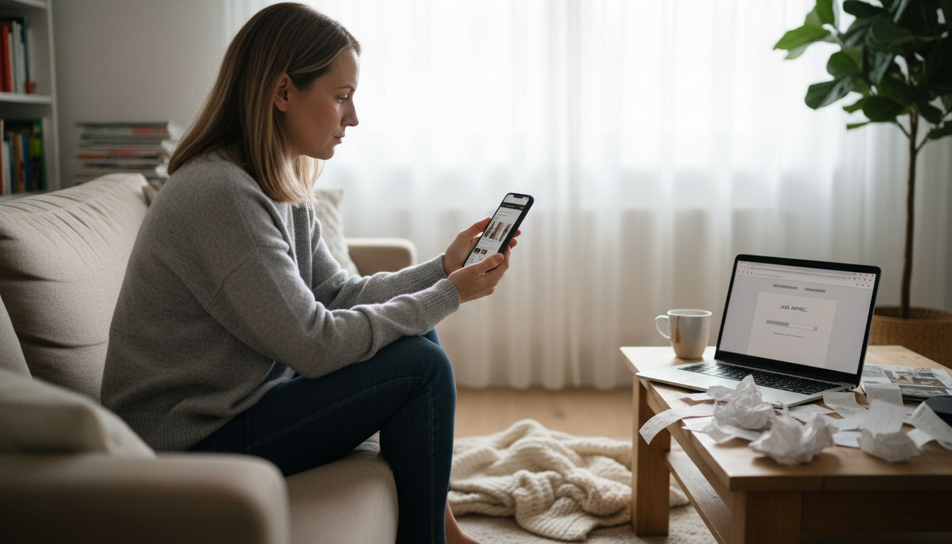 Eine Frau wartet darauf, dass die mobile Webseite endlich lädt.