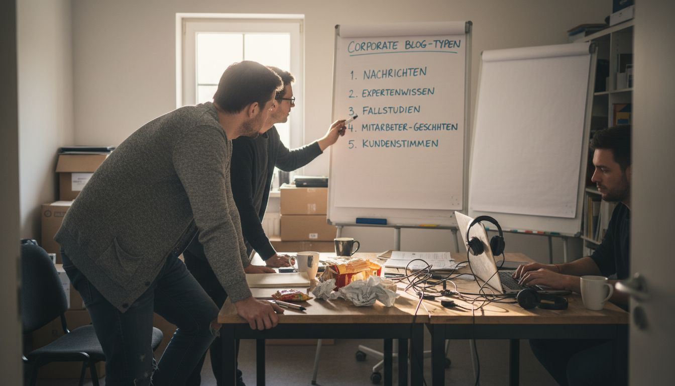Mehrere Kollegen stehen gemeinsam vor dem Whiteboard und tauschen sich darüber aus, welche Blogformate für ihr Projekt sinnvoll wären.