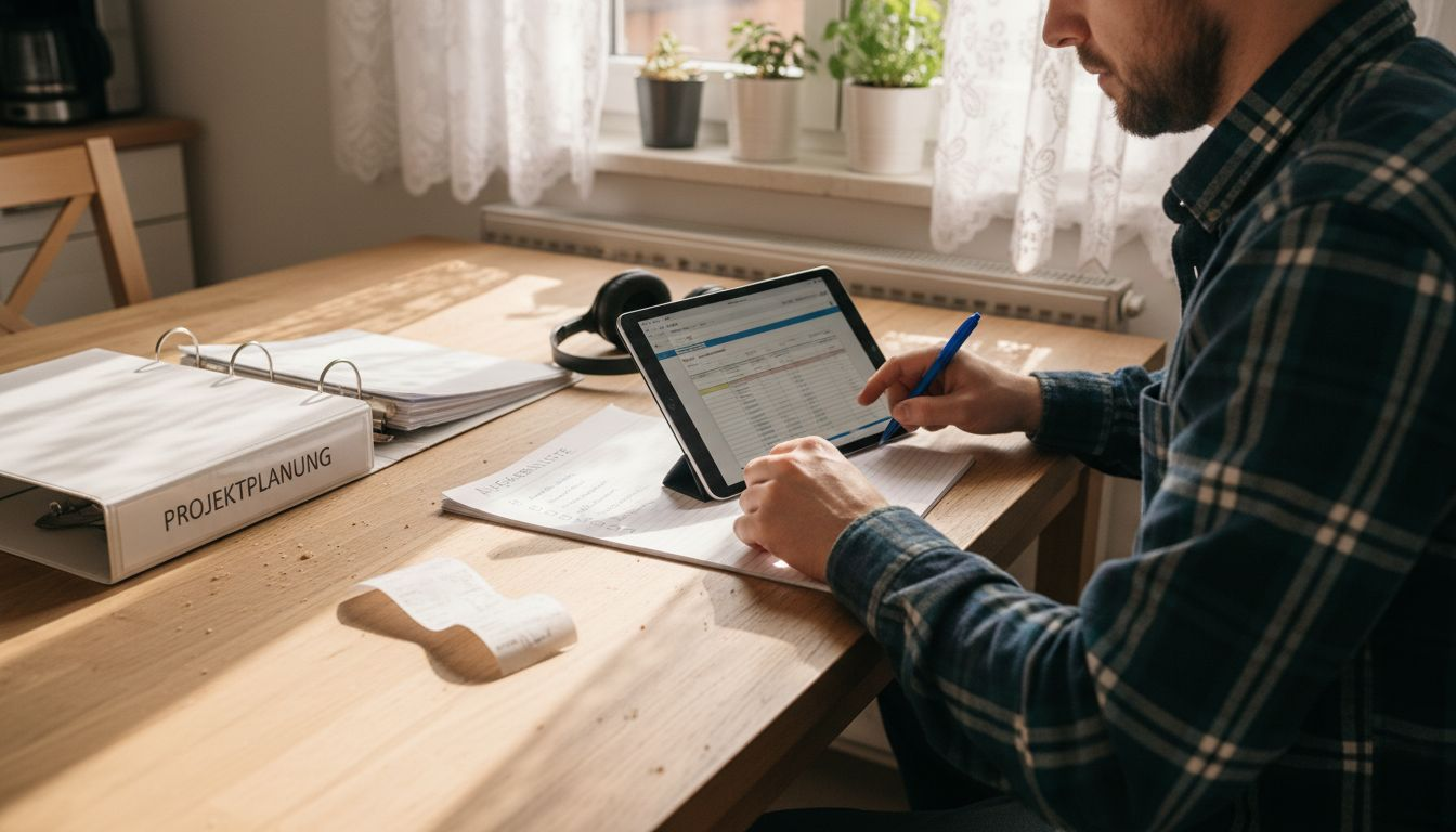 Ein Mitarbeiter hakt in der Küche die letzten Punkte auf seiner Checkliste für die Ladeneröffnung ab.