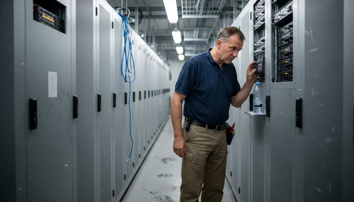 Ein Techniker führt eine Kontrolle am Serverrack im Rechenzentrum durch, das für Cloud-Dienste genutzt wird.