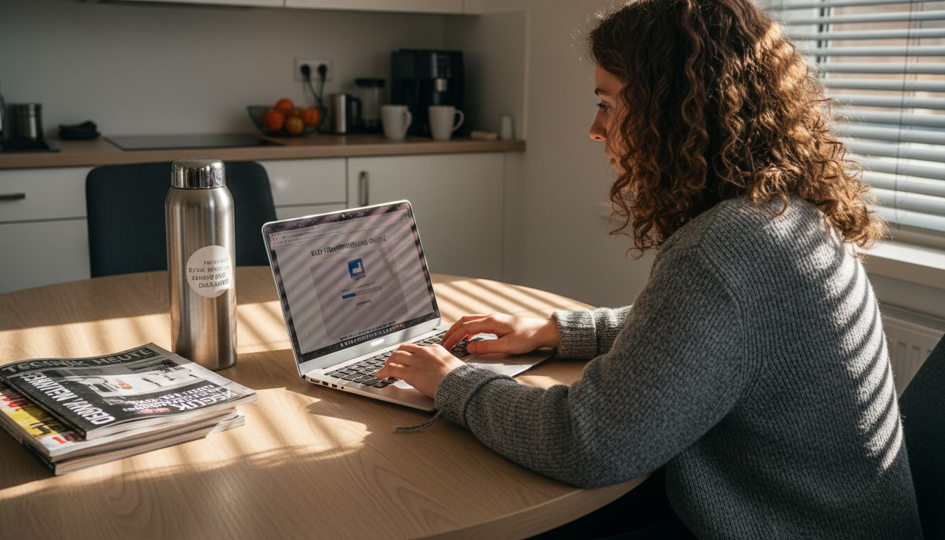 Am Küchentisch optimiert eine Frau die Bilder für ihre Website.