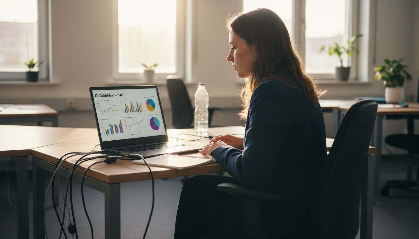 Eine Frau analysiert Diagramme auf ihrem Laptop und verschafft sich einen Überblick über die aktuellen Zahlen.