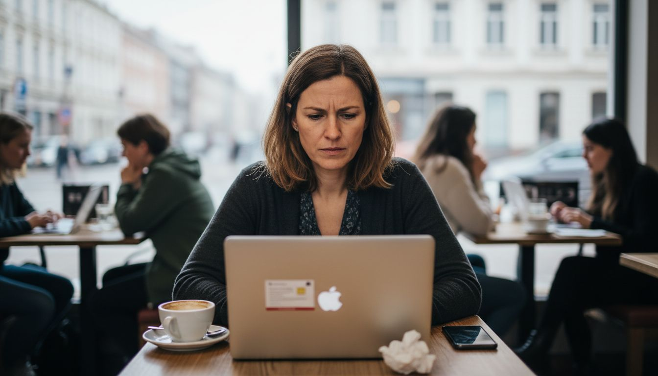 Eine Frau sitzt genervt vor dem Computer und wartet darauf, dass die Webseite endlich lädt.