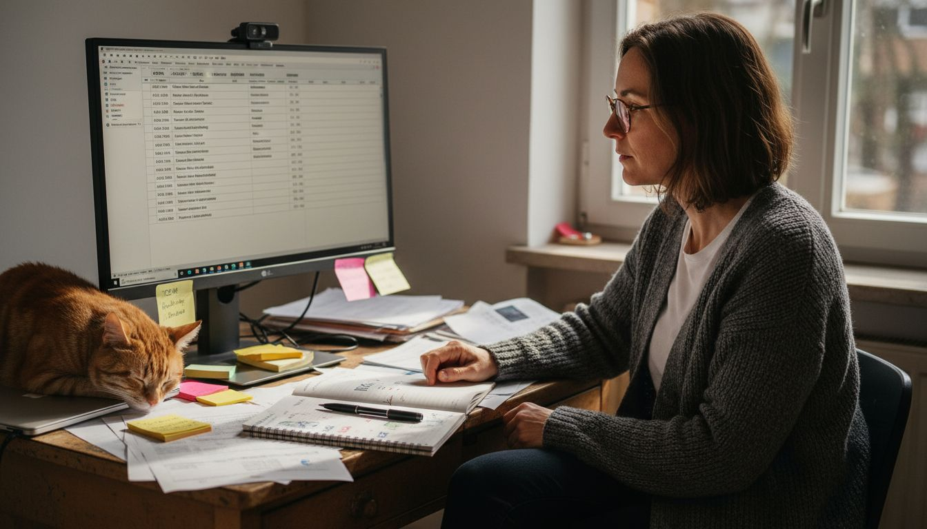 Eine Frau sitzt am Schreibtisch und prüft sorgfältig Nutzerdaten.