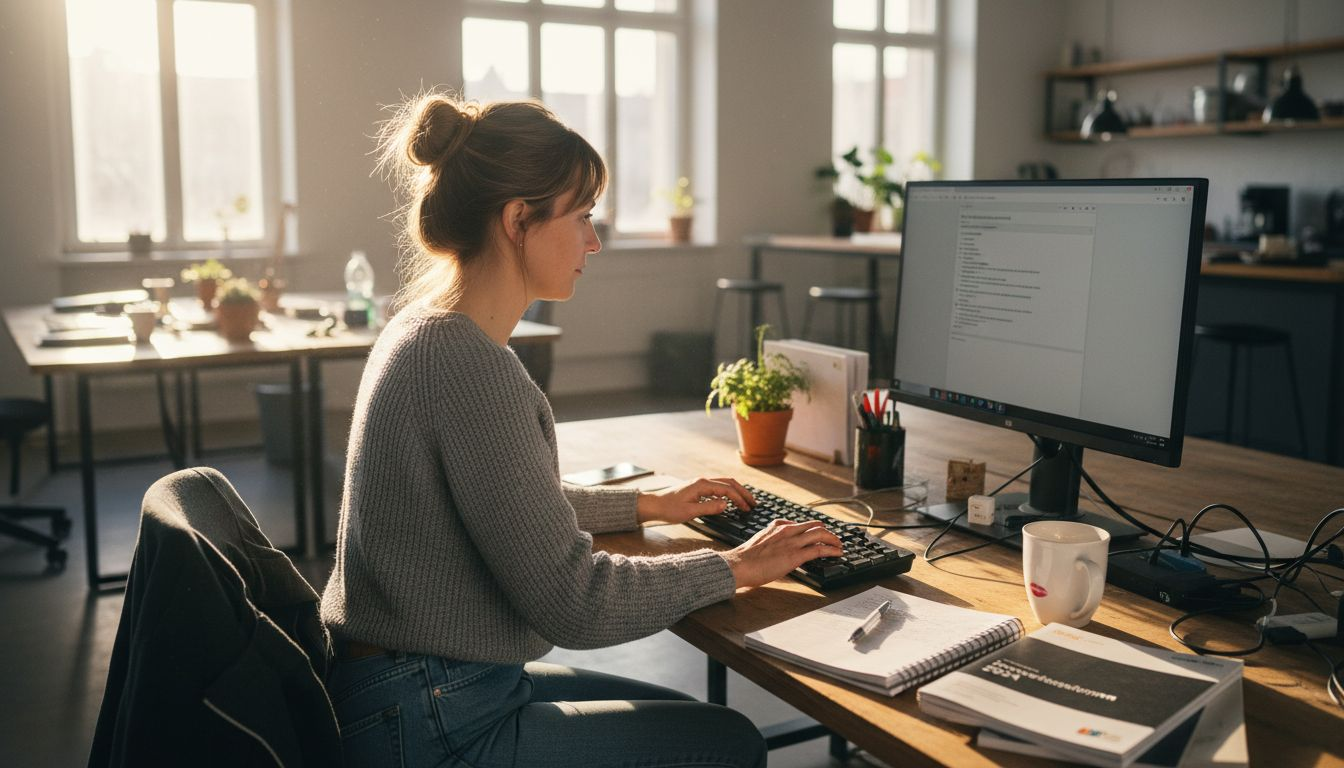 Eine Frau sitzt an ihrem Schreibtisch im Büro und verfasst eine E-Mail.
