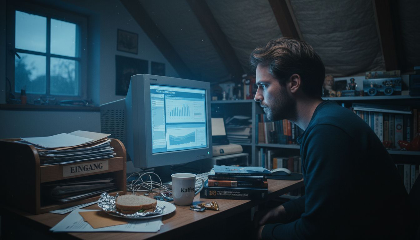 Ein junger Mann wirft am späten Abend noch einen Blick auf die Auswertung seiner SEO-Daten.